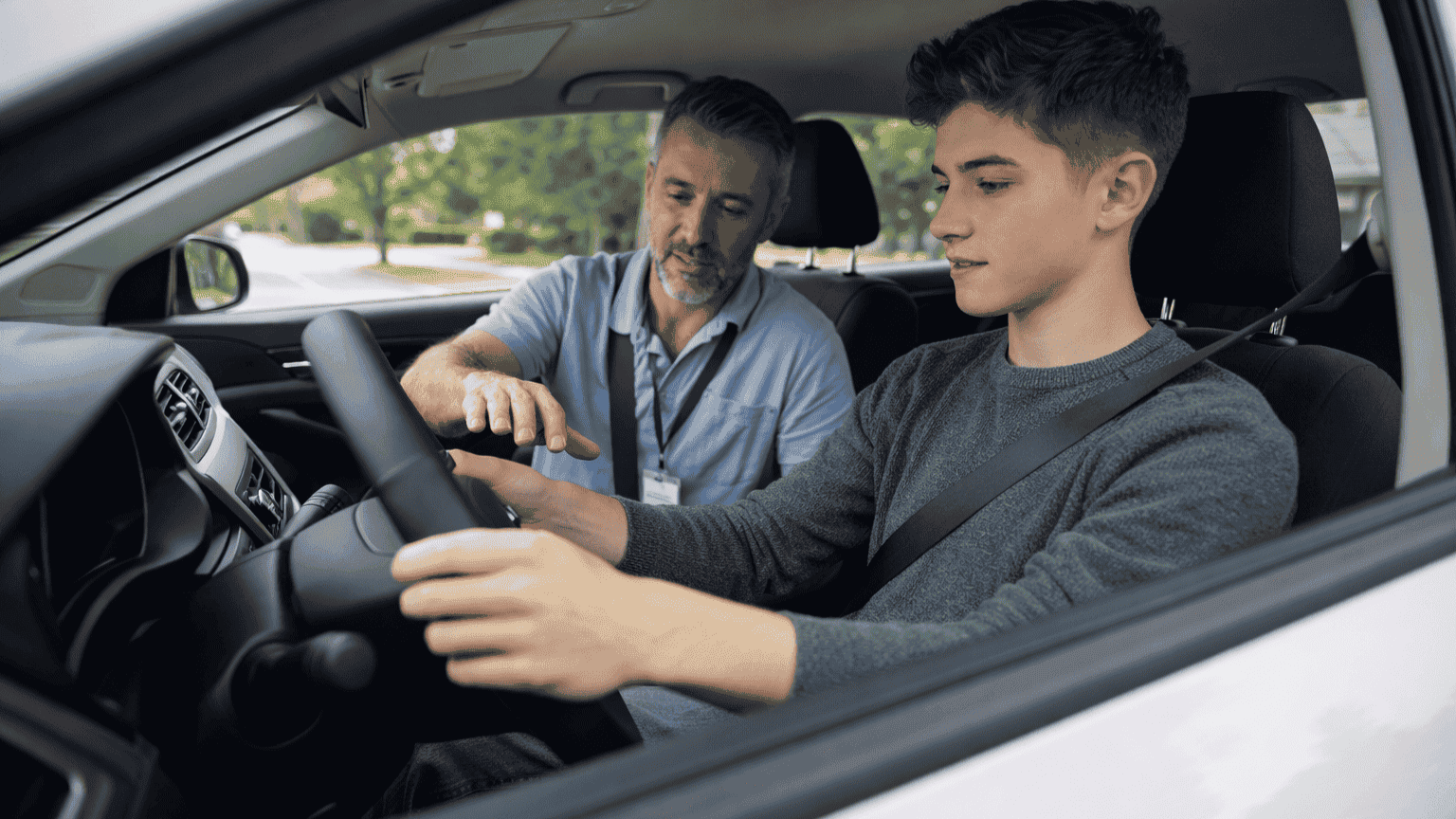 Rijschool automaat in de stad, jonge bestuurder in focus