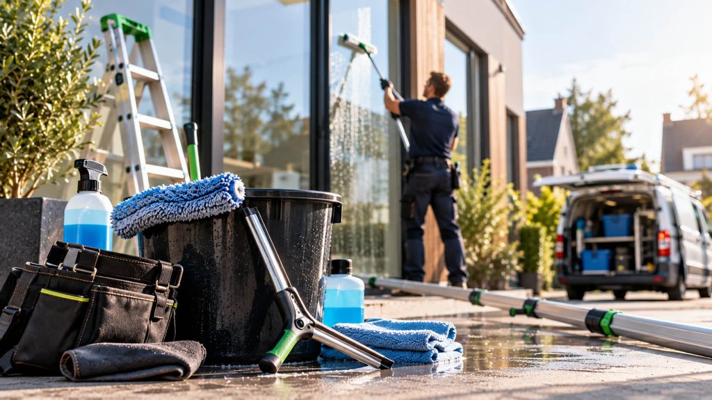Glazenwasser reinigt een glazen pui met een telescoopstang, met emmer, doeken en gereedschapsriem op de voorgrond