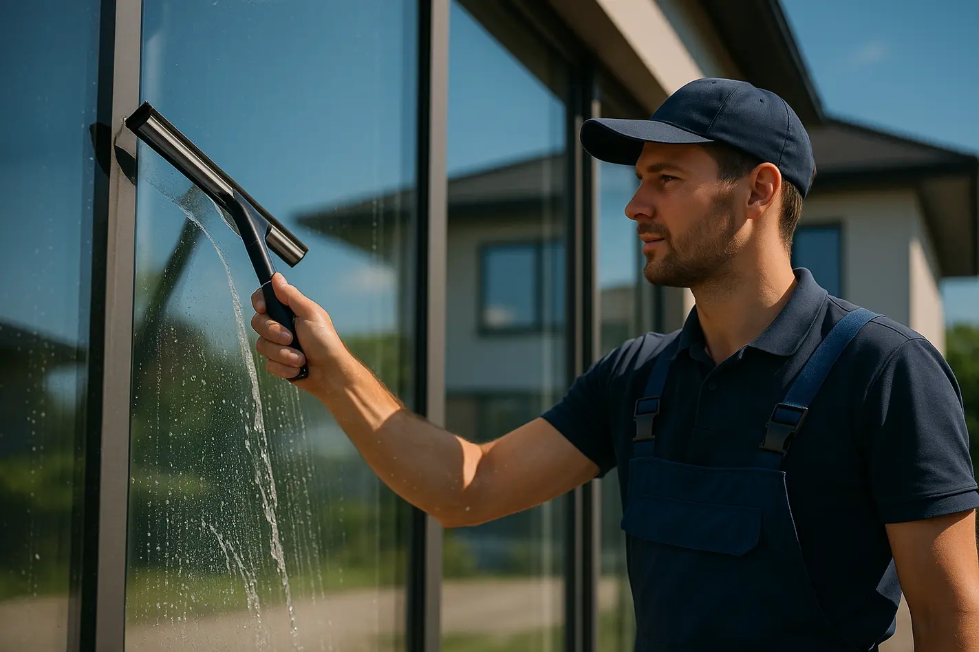 Glazenwasser start met schoonmaken van grote ramen aan modern huis